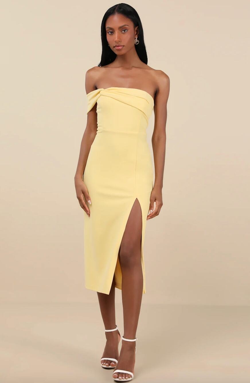 Lulus Twist and Make Up Light Yellow One-Shoulder Bodycon Midi Dress XS NWT